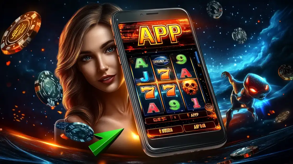 Woman with flowing hair next to mobile slot game interface, surrounded by poker chips and glowing alien figure in galactic space scene.