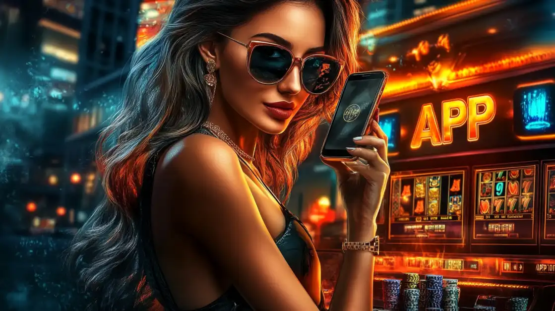 Fashionable woman in dark dress and sunglasses holding smartphone near neon-lit casino app slot machine, set in vibrant city nightscape.