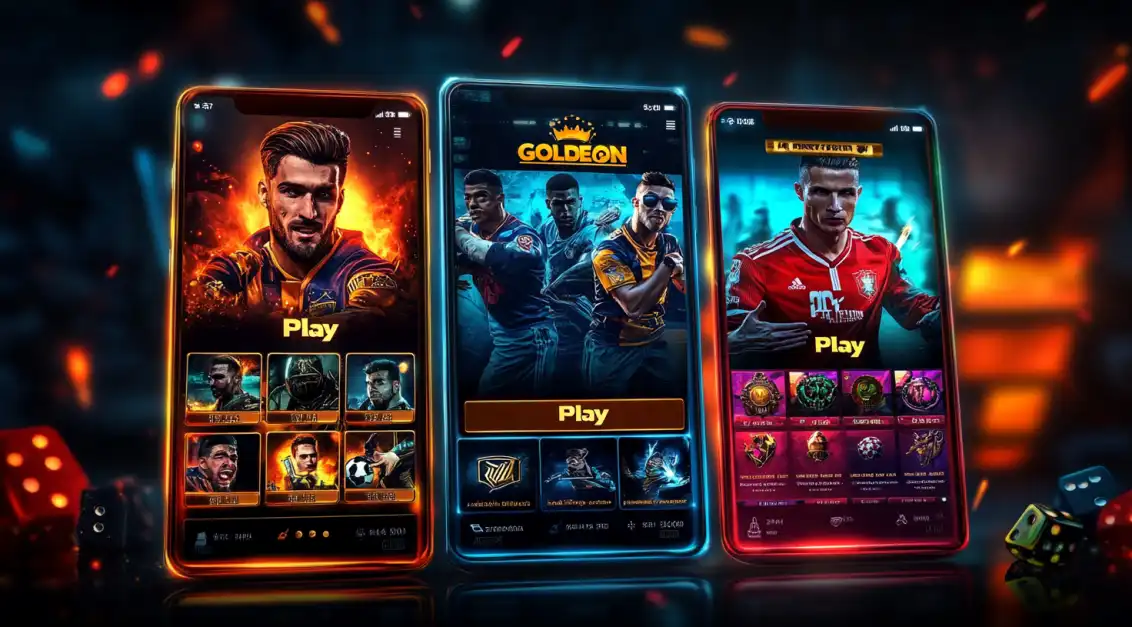 Trio of smartphones with sports betting apps showing soccer players and fantasy game avatars, against glowing dark background with dice and fire.