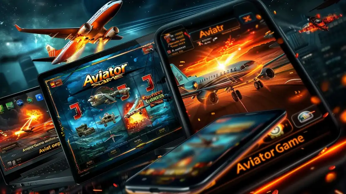 Multiple screens showing Aviator game with planes taking off through flames, featuring dramatic slot interface with bonus symbols.
