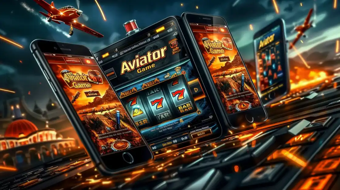 Row of smartphones showing Aviator slot games with fire effects, exploding reels, and burning runway background.