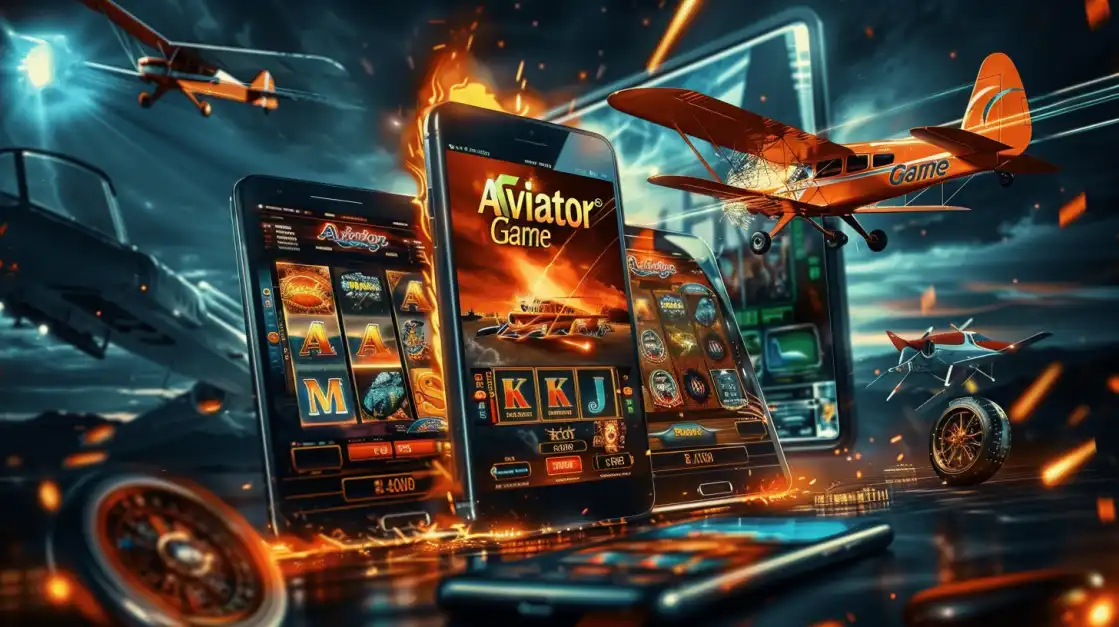 Dynamic display of Aviator slot machines and red planes soaring through burning skies, set against neon-lit game interface.