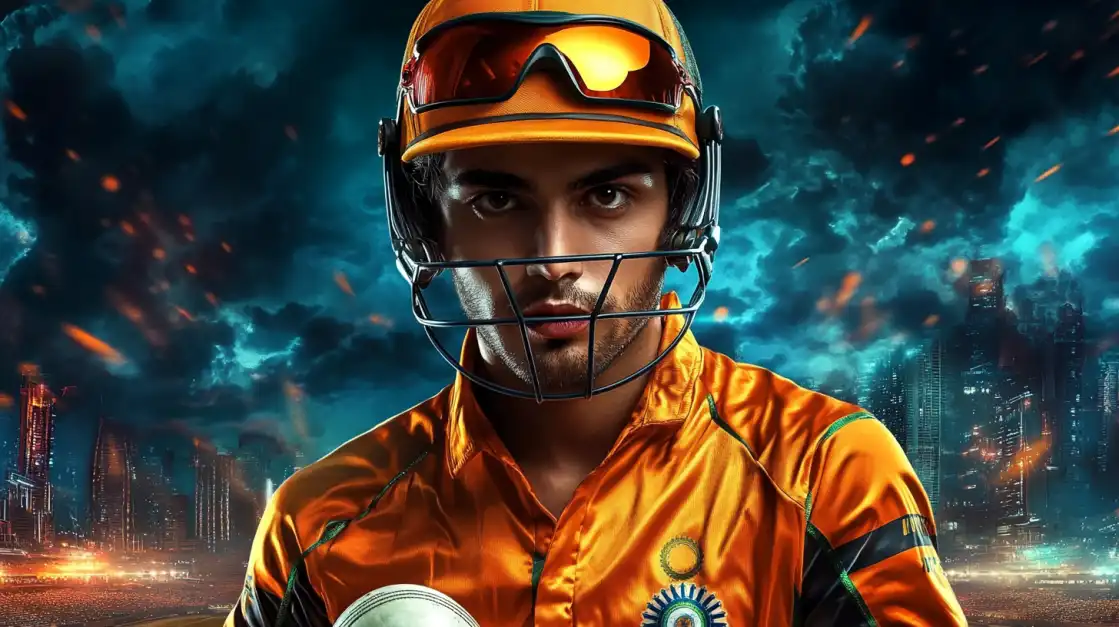 Focused male cricketer in orange India jersey and helmet holding ball, standing against stormy stadium skyline with fire sparks.