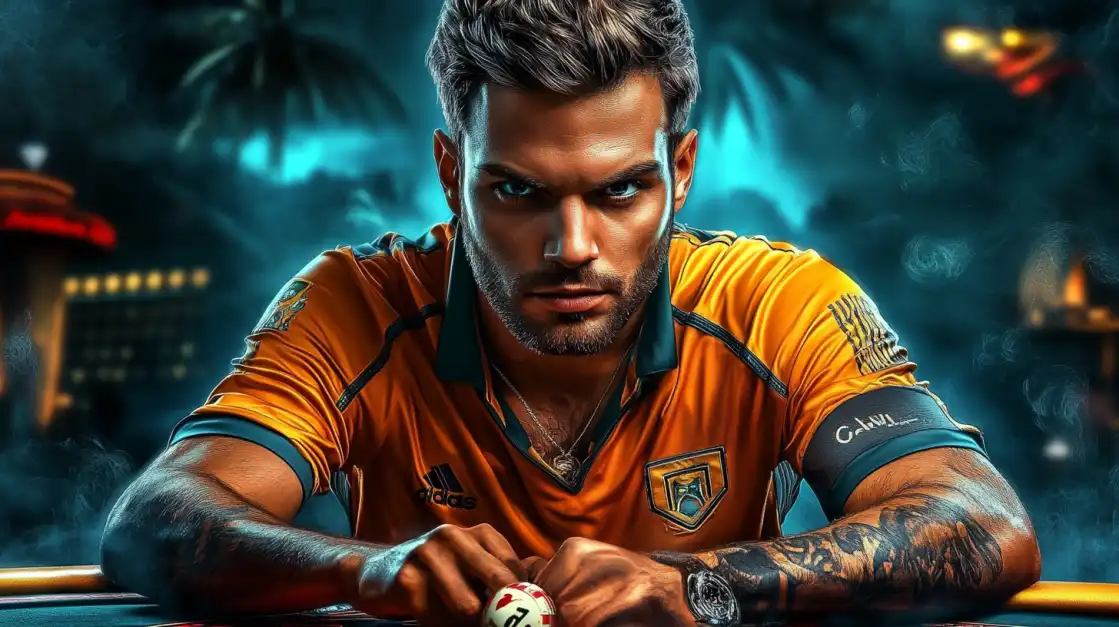 Intense male poker player in yellow jersey leaning over chips and cards in moody casino setting with blue lighting and tattoos.