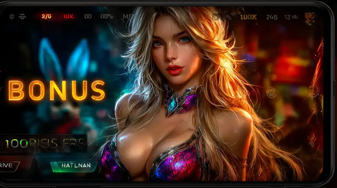 Blonde woman in shiny fantasy outfit posing with bonus game interface on screen, glowing neon text and gaming UI around her.