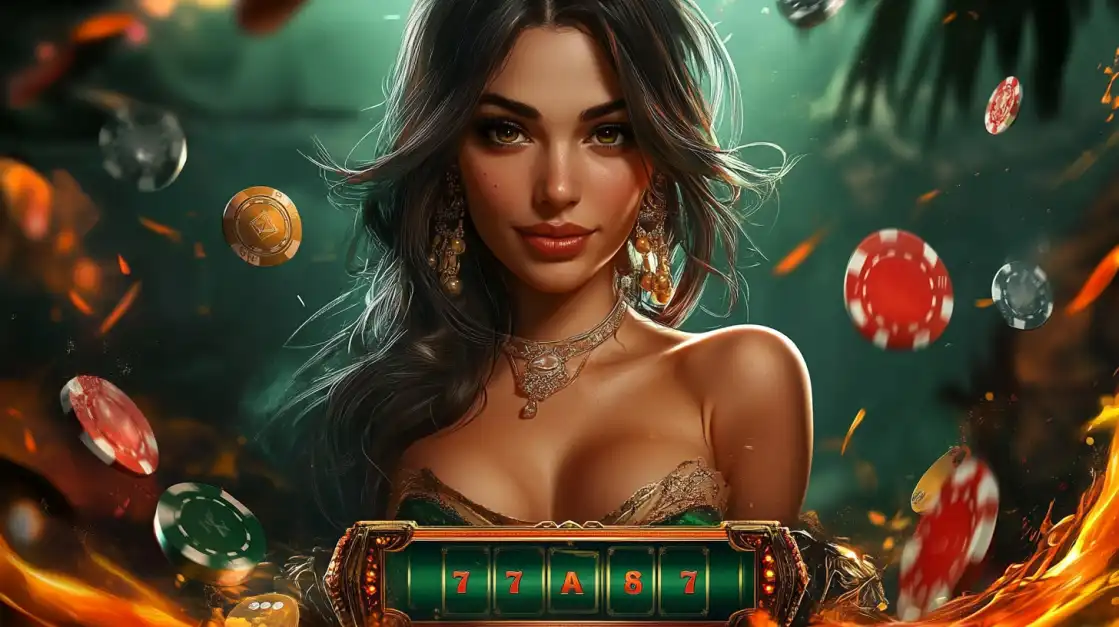 Beautiful woman with long dark hair wearing gold jewelry surrounded by flying poker chips and fire, with spinning slot UI below.