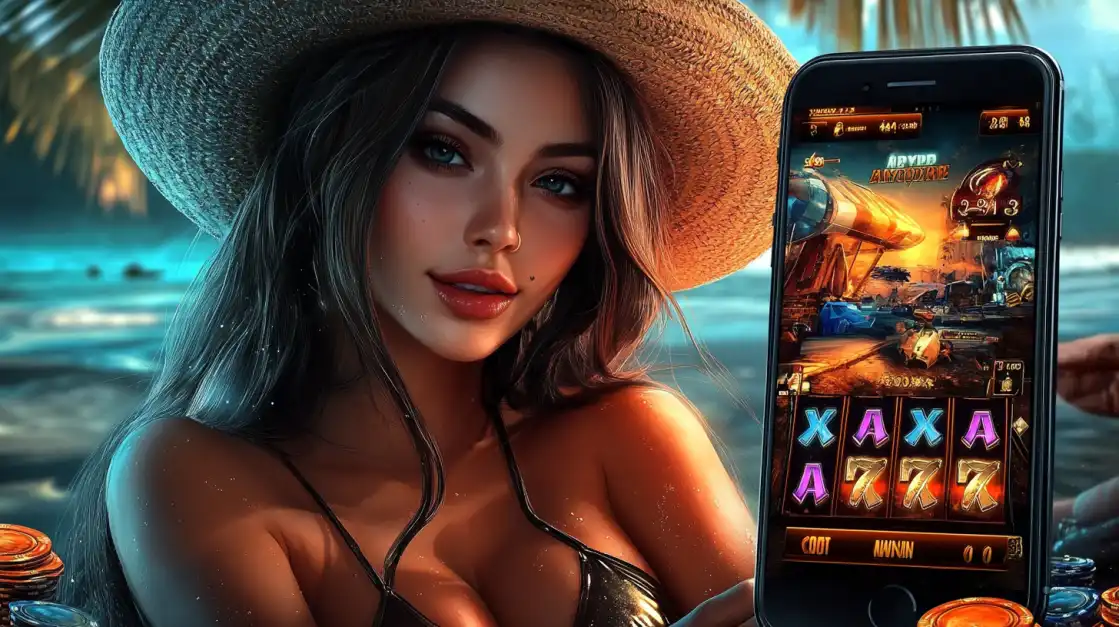 Beautiful woman in straw hat and black bikini holding smartphone with slot machine game, set against tropical beach background with glowing water.