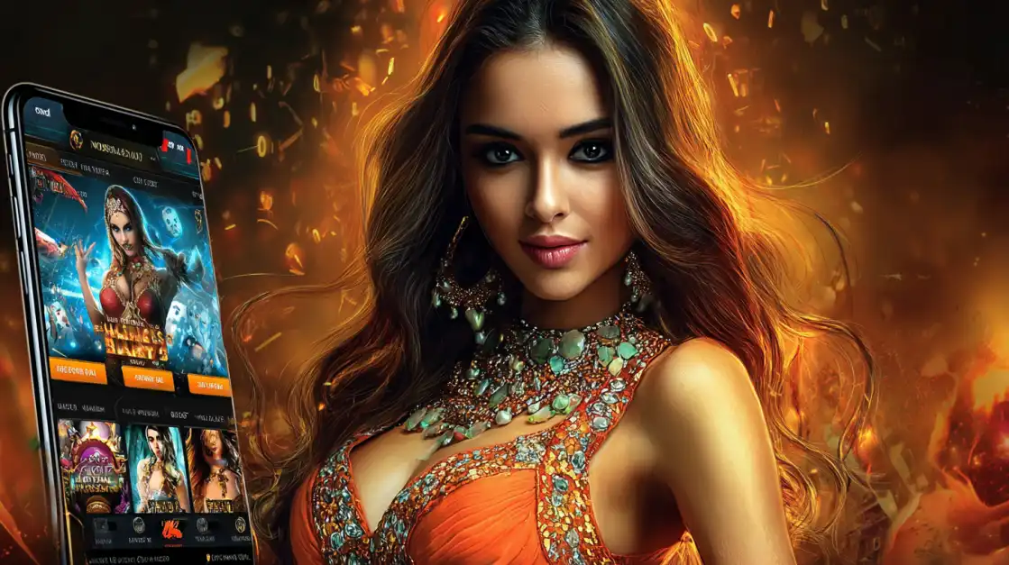 Glamorous woman in orange and jewel-covered dress poses next to flaming casino app interface on smartphone, with fiery background and falling chips.