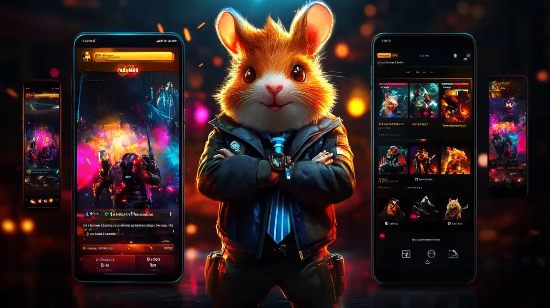 Confident cartoon hamster in black leather jacket stands with arms crossed, surrounded by smartphones displaying vibrant action game interfaces.