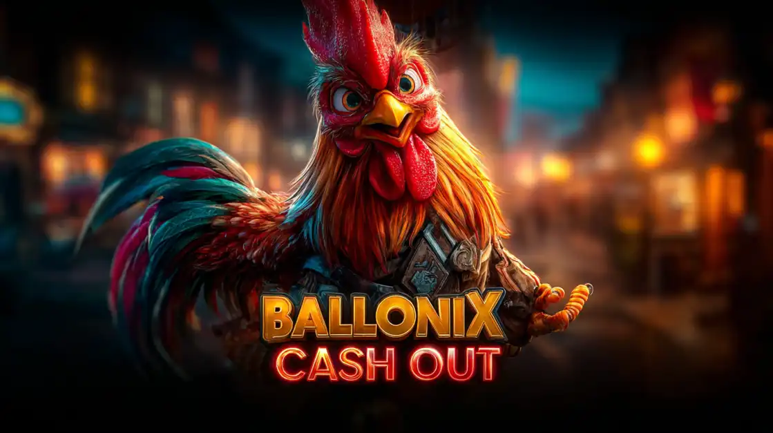 Cartoonish warrior rooster with exaggerated feathers and armor in a glowing street scene, representing the game Ballonix Cash Out.