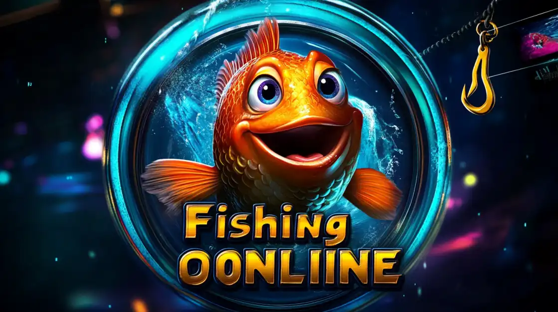 Smiling orange cartoon fish leaping out of water into a glowing circular frame, with a golden hook nearby and Fishing Online logo beneath.