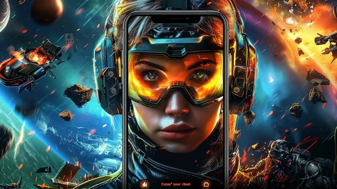 Futuristic female pilot with glowing orange visor and headset in the middle of an intergalactic battle, partially shown through smartphone screen.
