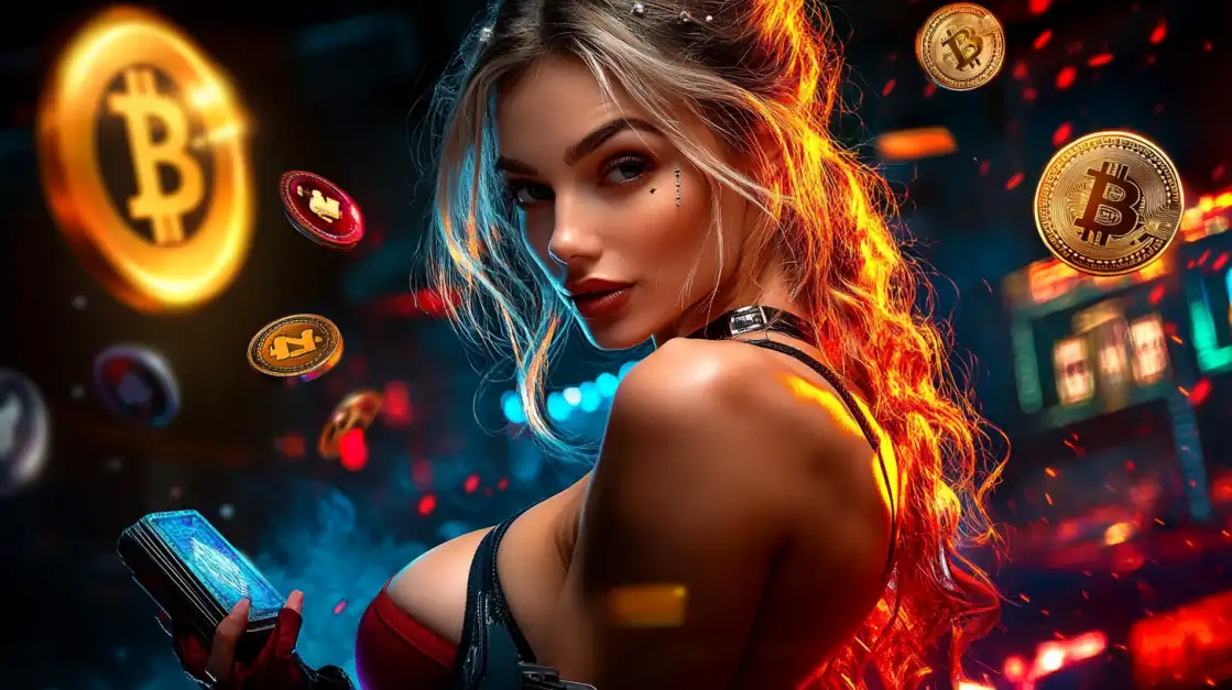 Glamorous blonde woman holding phone surrounded by floating glowing bitcoin and crypto coins in digital casino background.