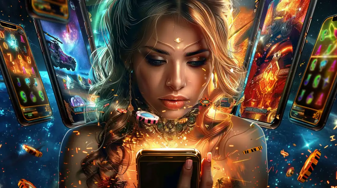 Enchanted woman in jewelry staring at glowing smartphone, surrounded by magical slot game screens and flying casino chips.