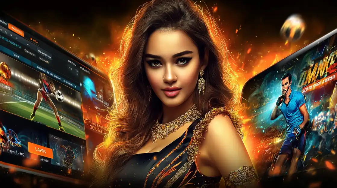 Elegant Indian woman in black dress in front of fiery betting interface with football and boxing game screens on mobile devices.