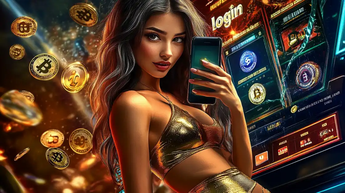 Seductive woman in golden outfit holding phone with login screen, surrounded by floating cryptocurrency coins and futuristic slot machine UI.