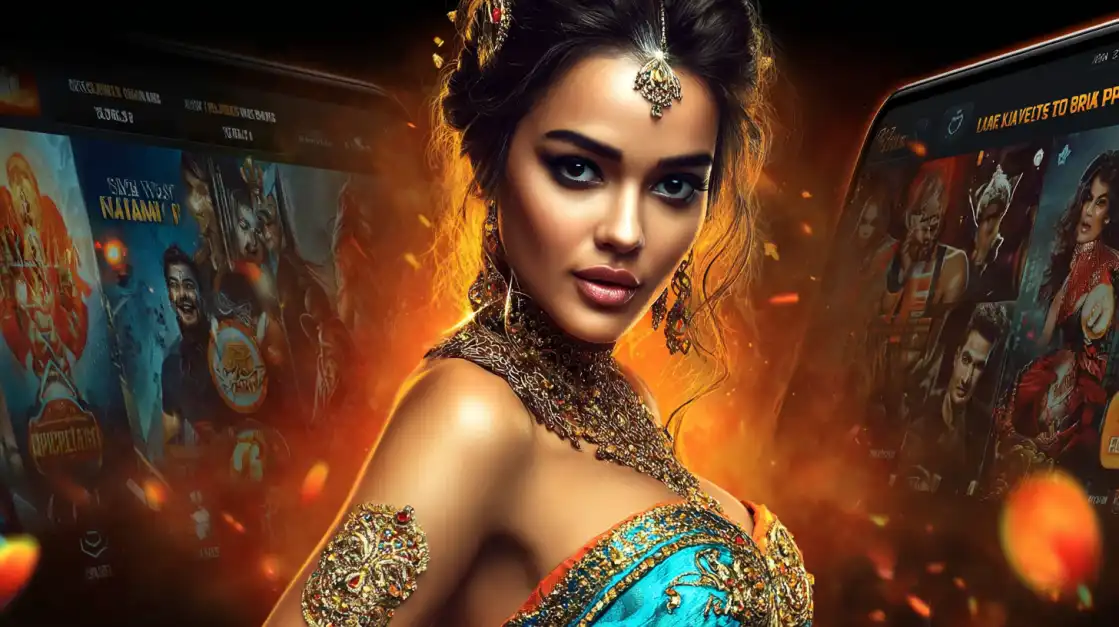 Elegant woman in traditional Indian attire with ornate jewelry in front of burning slot game interfaces, surrounded by intense golden flames.
