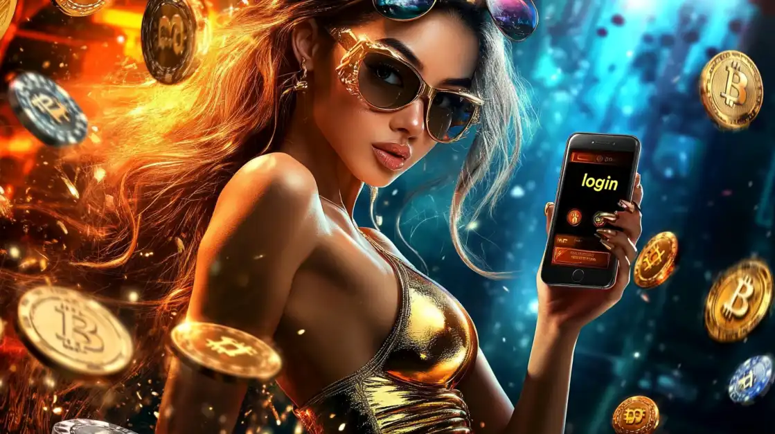 Stylish woman in sunglasses and gold outfit holds phone with login screen, as glowing Bitcoin tokens float in a fiery and electric atmosphere.
