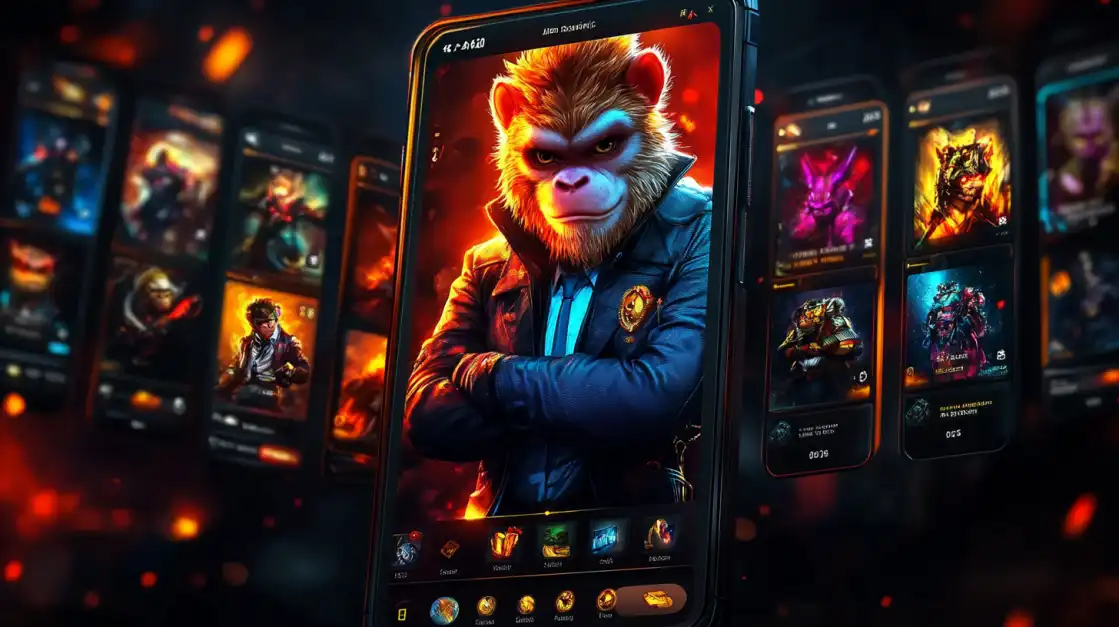 Serious-looking monkey in leather jacket displayed on smartphone as game character, surrounded by fiery themed avatar selection screens.