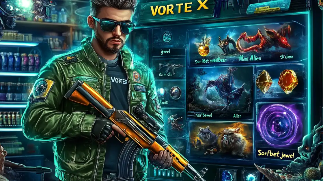 Cool male fighter in green jacket and sunglasses holding orange rifle, standing in front of futuristic game inventory full of alien items.
