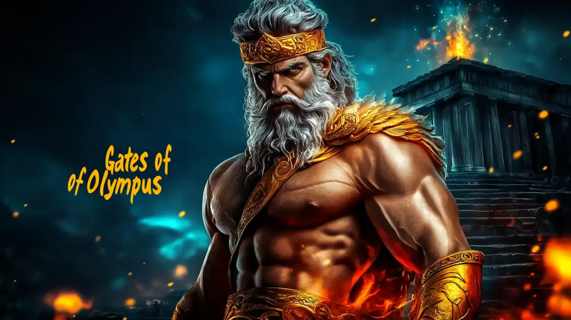 Muscular Zeus-like god with golden armor standing in front of a burning ancient temple with Gates of Olympus text on dark stormy sky.
